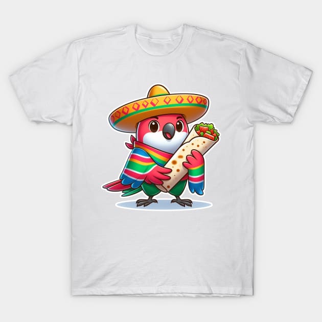 cute love birds are eating Mexican specialties, Tacos, Burritos, Enchiladas, Quesadillas, Guacamole, Fajitas, Chiles Rellenos, Tamales, Mole, Chilaquiles, T-Shirt by art poo